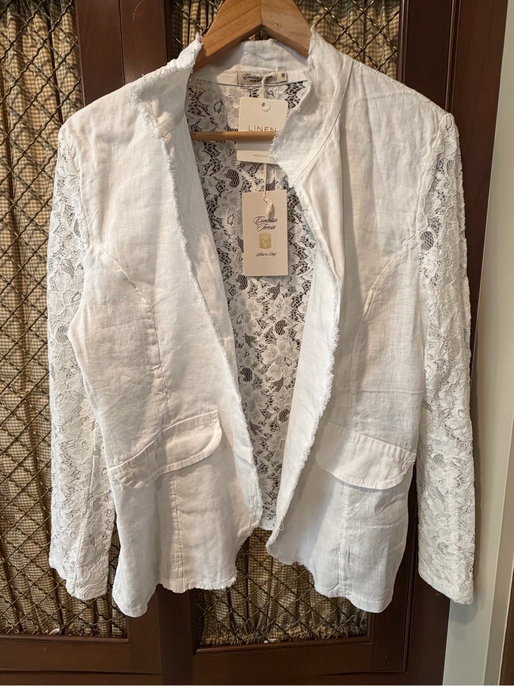 Contessa Teresa Linen Lace-Back Open Front Jacket - White